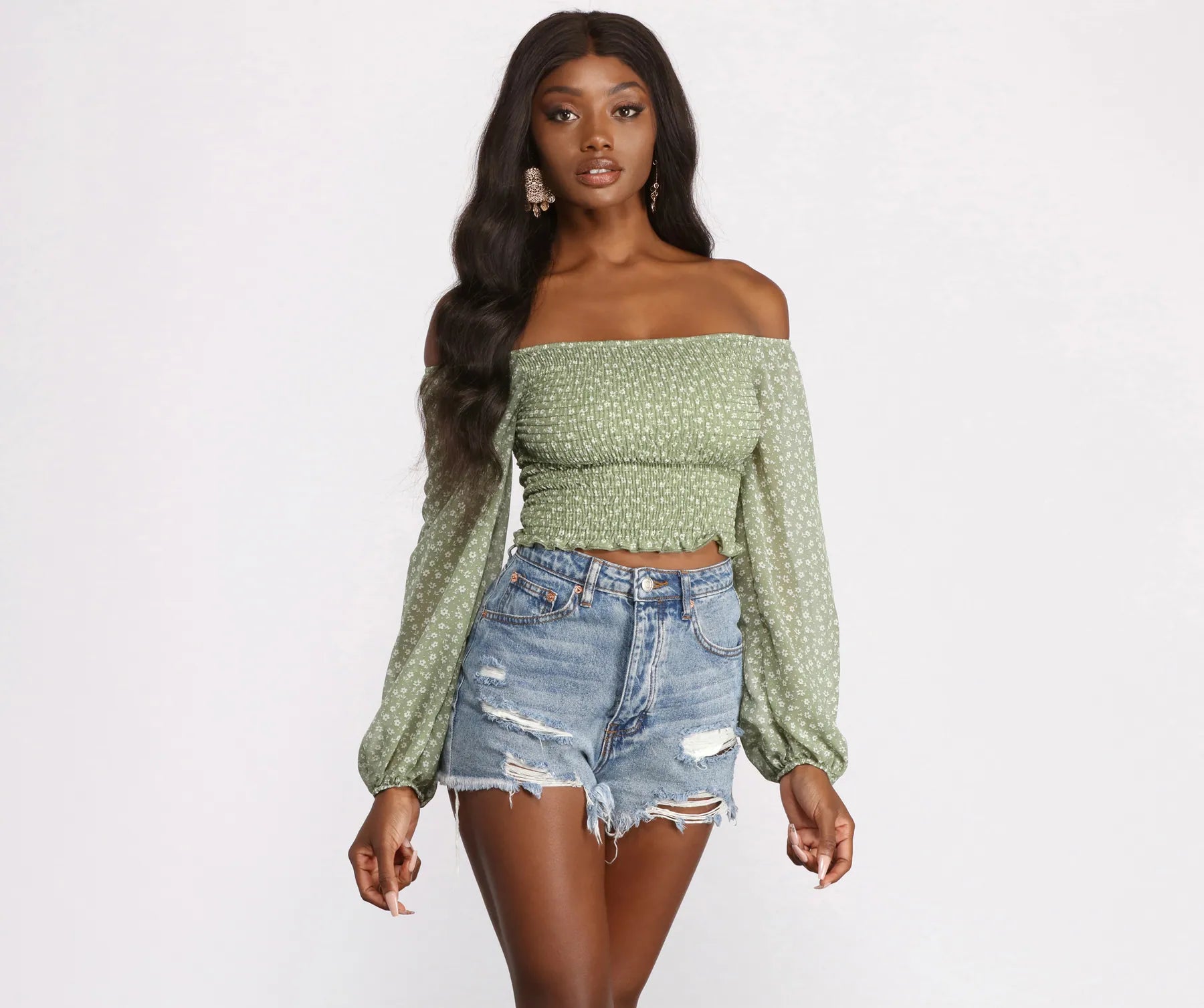 Limited Availability Off The Shoulder Chiffon and Smocked Ditsy Print Top
