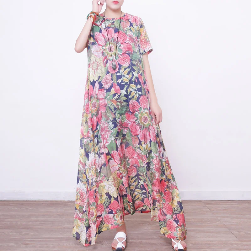 Special Savings knit dressNew floral long dresses casual Loose fitting short sleeve cotton clothing dresses vintage Chinese Button dresses