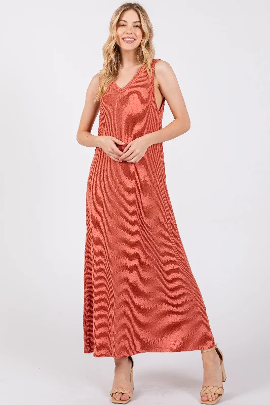 Savings Bonanza knit dressRust Sleeveless Ribbed Maxi Dress