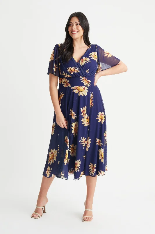 Amazing Deals playful dressVictoria Navy Sunflower Angel Sleeve Mesh Long Midi Dress