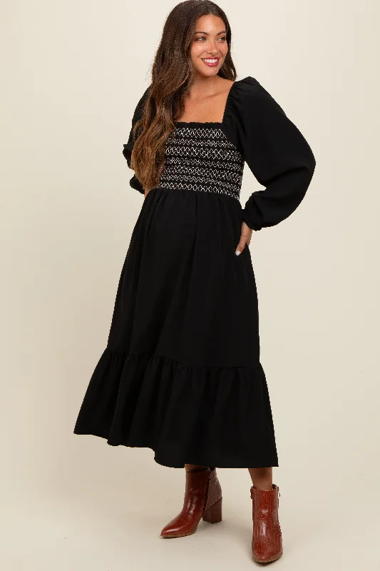 Deal of the Week oversized dressBlack Contrast Smocked Balloon Sleeve Maternity Midi Dress
