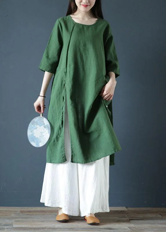 Year-End Sale layered dressNatural green linen dresses o neck side open cotton Dress