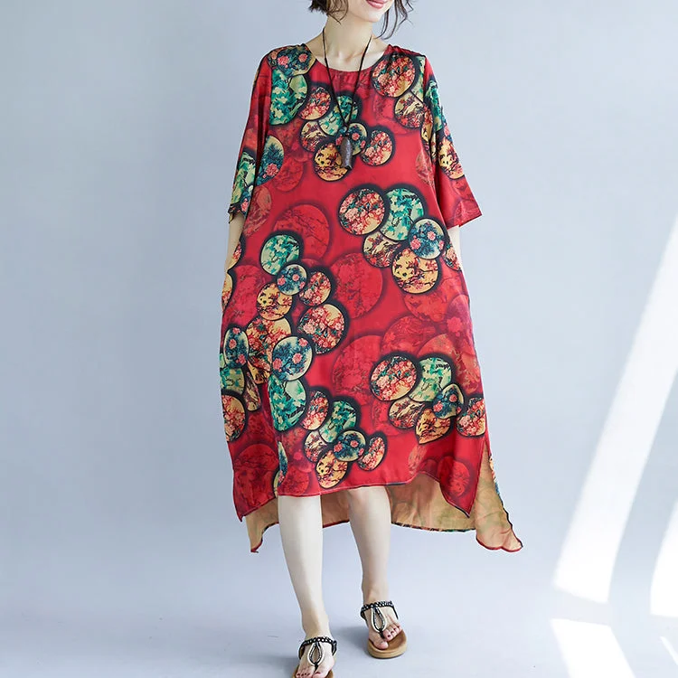 Super Deal winter dressNew red cotton blended dresses casual print Half sleeve cotton blended dress casual o neck dresses