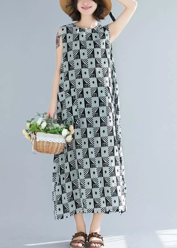 Great Bargains statement dressOrganic black Geometric cotton o neck sleeveless long summer Dresses