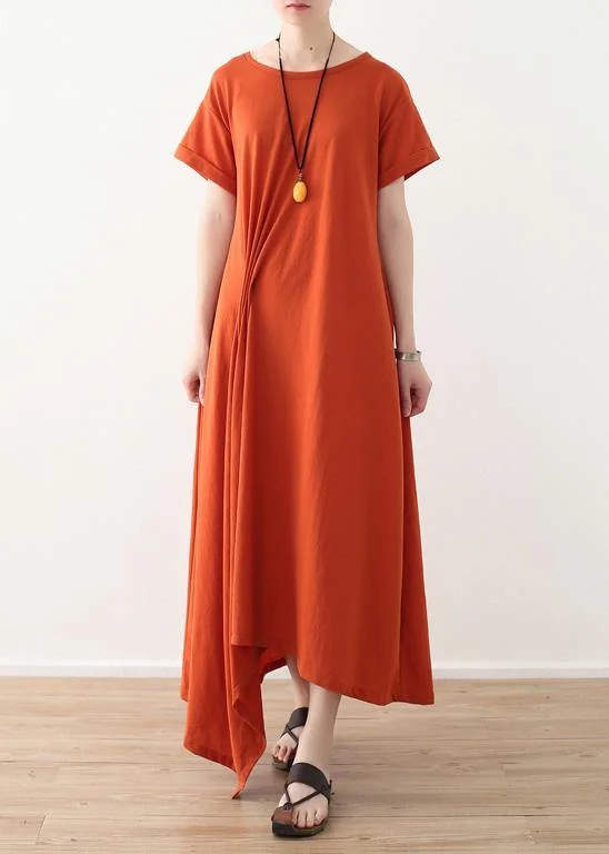 Lowest Price party dressOrganic asymmetric design hem linen clothes short sleeve long orange Dresses