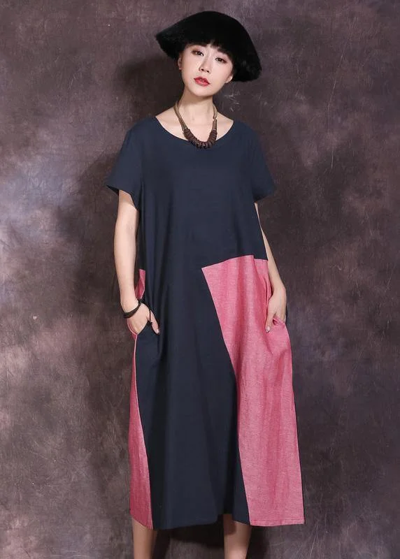 Super Bargain vintage-inspired dressNatural blue o neck linen outfit patchwork color Maxi summer Dresses