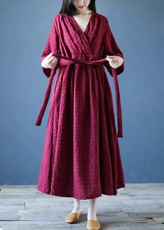 While Supplies Last statement dressChic v neck tie waist linen clothes For Women Runway burgundy Dress