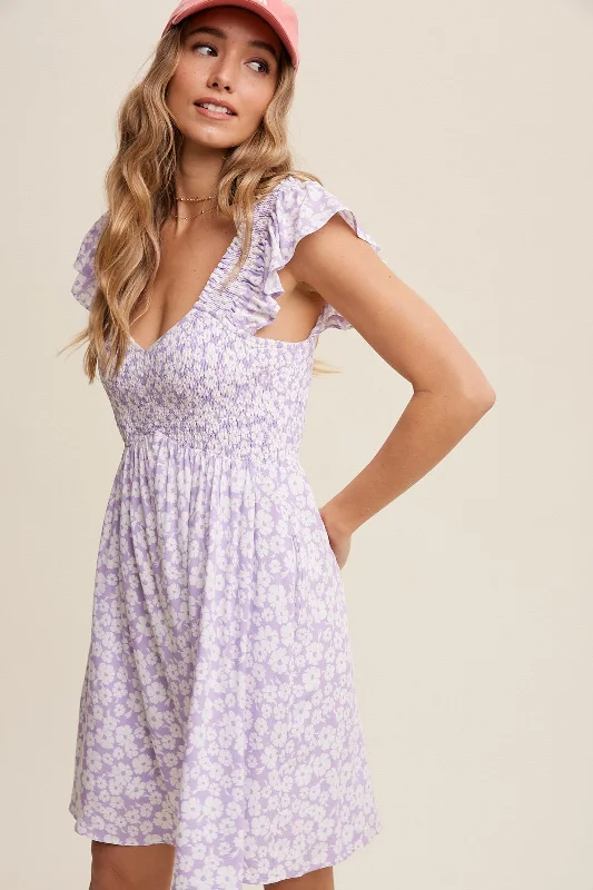 Best Seller satin midi dressLavender Flower Print Smocked V-Neck Ruffle Sleeve Dress