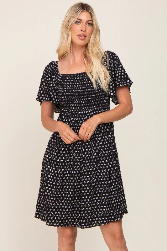 Best Bargains ashionable dressBlack Printed Smocked Flutter Sleeve Dress