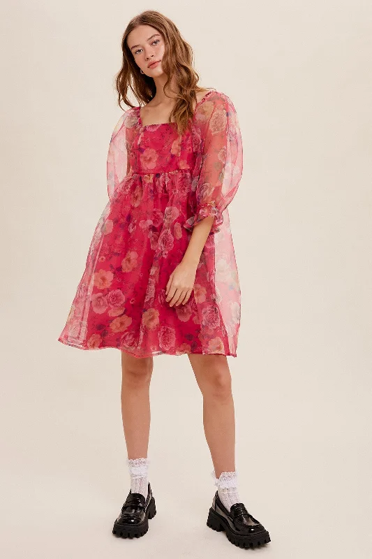 Special Discount trendy dressPink Floral Organza Square Neck Babydoll Dress