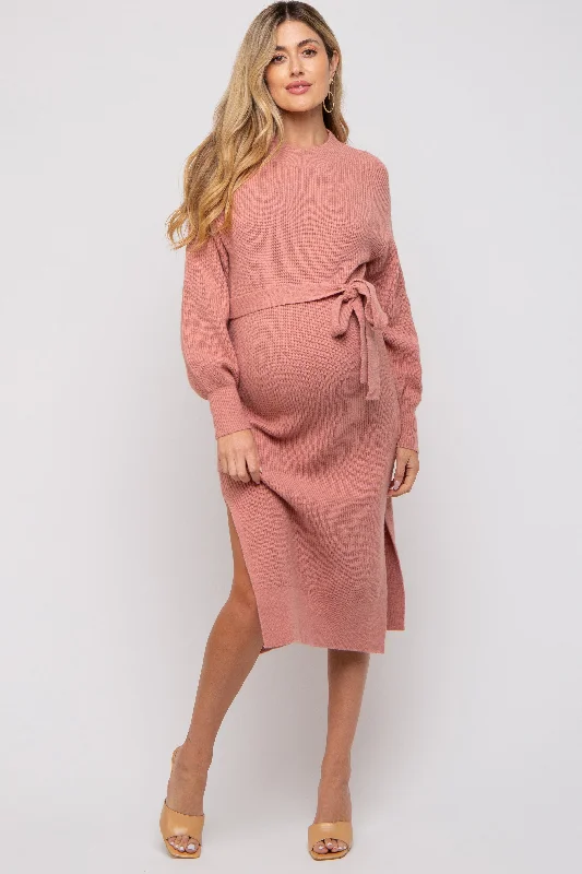 Lowest Prices formal dressMauve Side Slit Maternity Sweater Midi Dress
