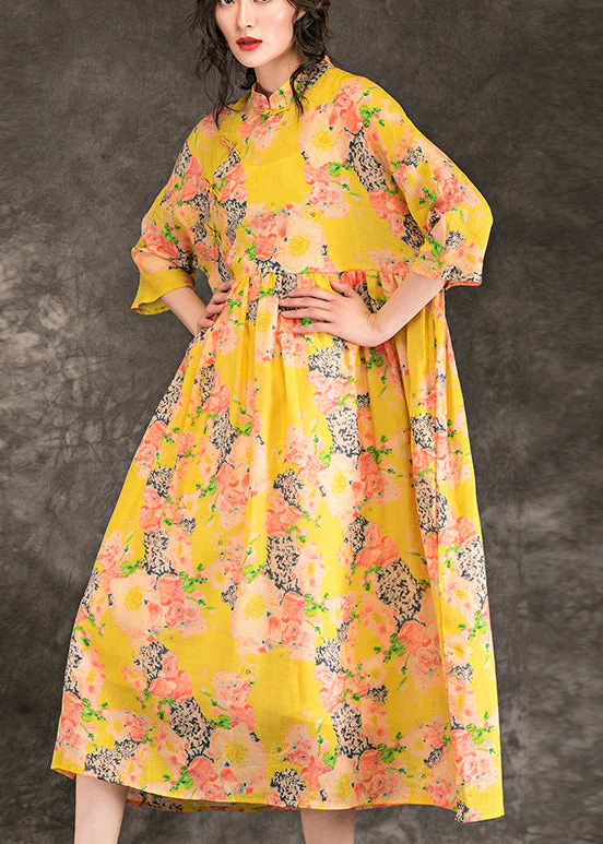 Overstock pleated maxi dressNatural yellow print linen outfit stylish Outfits stand collar patchwork Maxi Summer Dresses