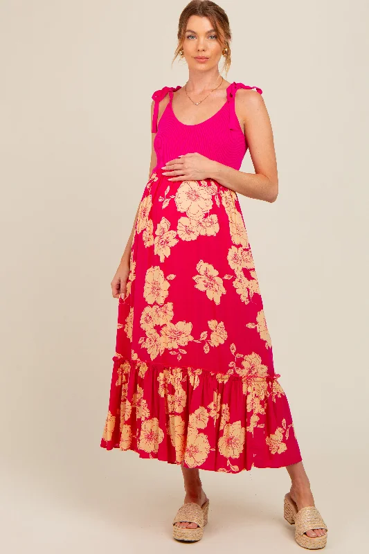 Bonus Savings long sleeve dressFuchsia Floral Colorblock Maternity Midi Dress