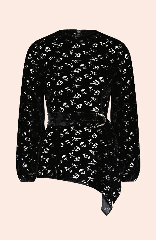 Low Prices Floral Velvet Belted Asymmetrical Top | Black