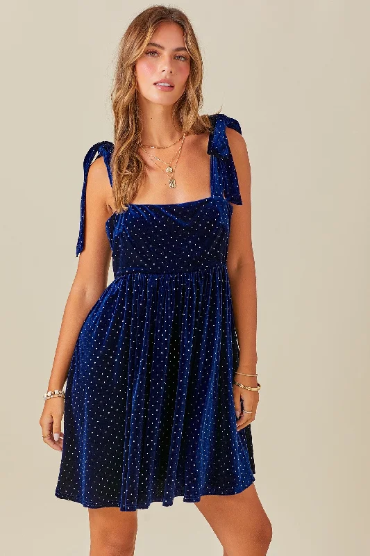 Grand Opening Sale elegant maxi dressNavy Velour Sparkle Rhinestone Dress