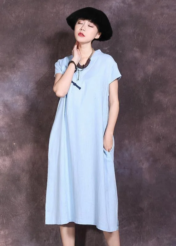 YEAR-End Clearance spaghetti strap dressChic side open linen clothes pattern blue v neck Dresses summer