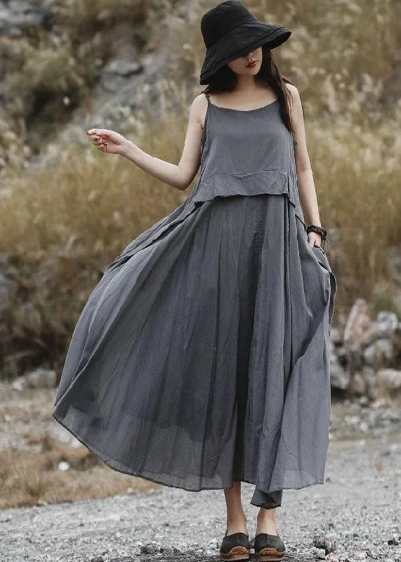 Bargain Bin comfy dressLoose gray sleeveless linen outfit loose waist Maxi summer Dress
