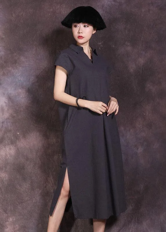 Super Sale satin midi dressDIY lapel collar linen cotton dress Work Outfits black side open Dress summer