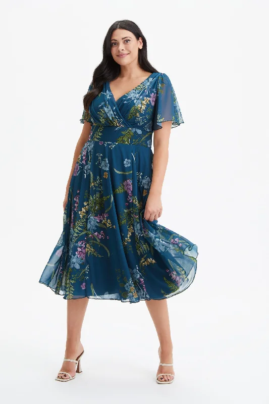 Deep Discounts denim dressVictoria Teal Pink Angel Sleeve Mesh Long Midi Dress