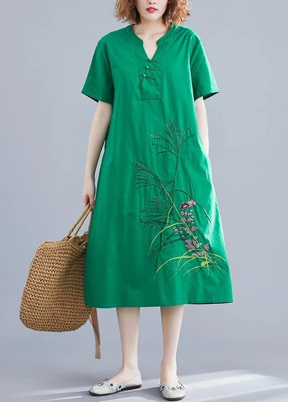 Exclusive Preview cocktail party dressHandmade green embroidery linen Robes Chinese Button cotton summer Dresses