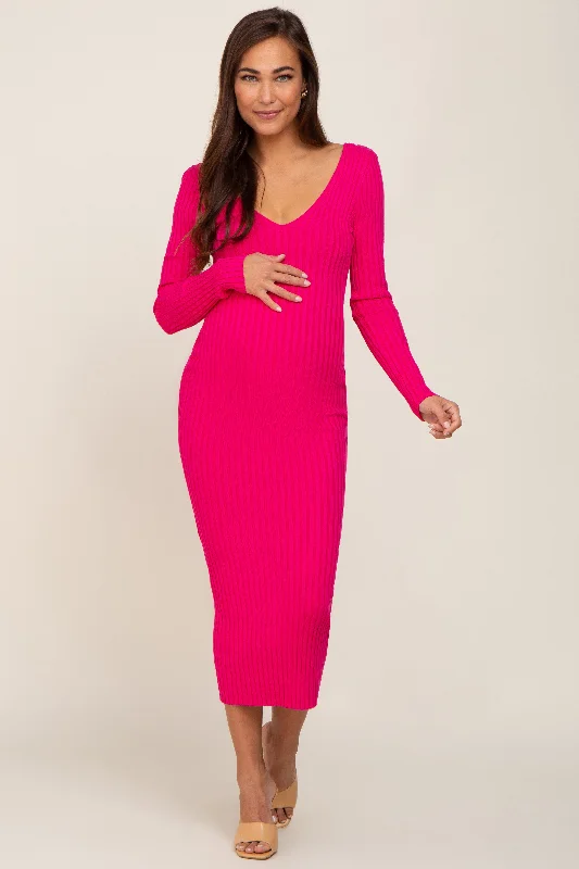 Savings Spectacular relaxed fit dressFuchsia V-Neck Long Sleeve Fitted Maternity Maxi Dress