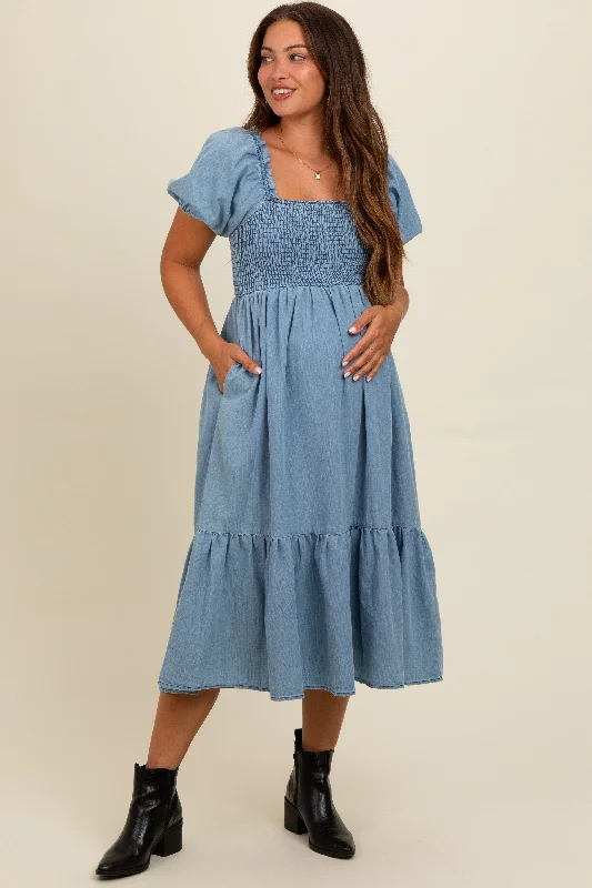 Early Bird Discount romantic dressLight Blue Vintage Wash Chambray Smocked Maternity Midi Dress