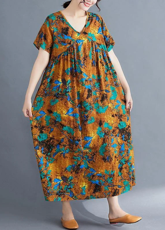 Value Deals floral dressFrench yellow print cotton linen clothes v neck Cinched loose summer Dress