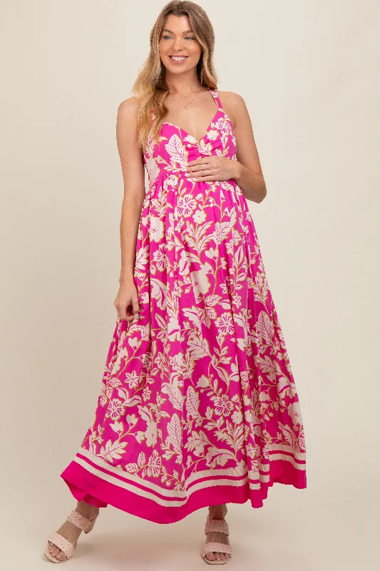 Don’t Miss Out comfy maxi dressFuchsia Floral Cutout Back Tie Maternity Maxi Dress