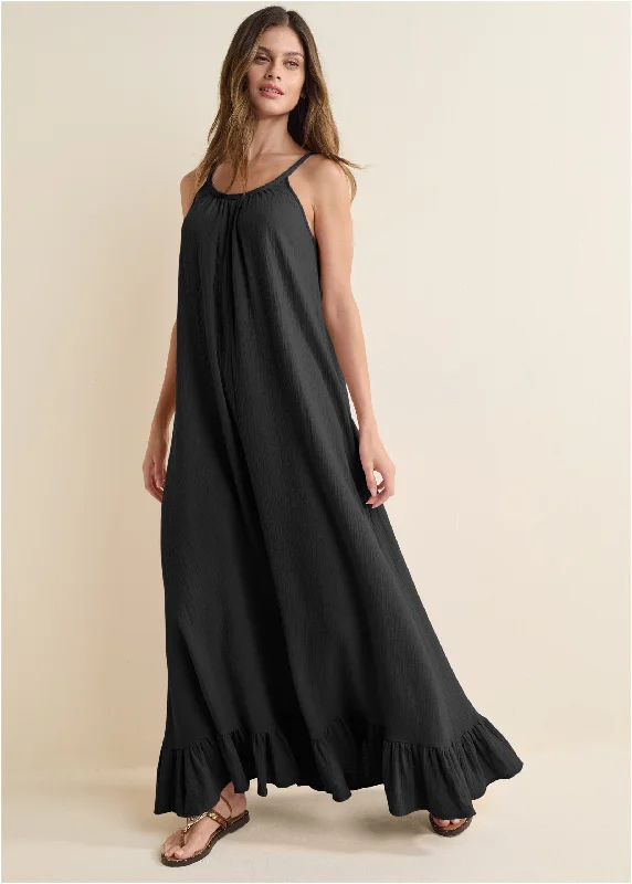 Early Bird Discount vintage-inspired dressTie-Back Ruffle Maxi Dress - Black