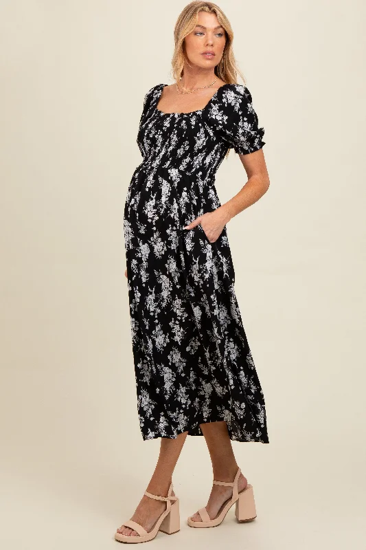 Buy Now flowy maxi dressBlack Floral Smocked Sweetheart Neckline Maternity Midi Dress