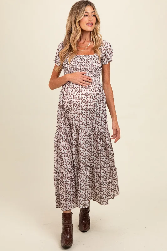 Crazy Savings elegant shift dressBrown Floral Puff Sleeve Smocked Maternity Maxi Dress