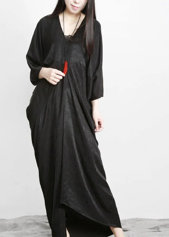 Anniversary Sale party dressUnique Black Asymmetric V Neck Silk Party Dresses