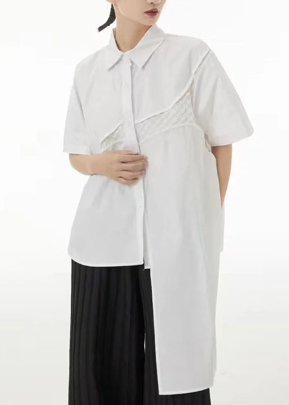 Can't Be Beat White Cotton Blouse Top Asymmetrical Side Open Summer LC0152