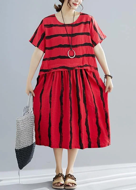 Factory Direct Sale comfy maxi dressFrench o neck pockets Cotton dresses Boho Shape red striped shift Dresses Summer
