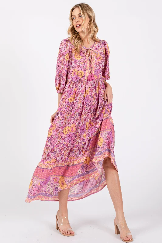 Price Smash bohemian dressPink Floral Tassel Tie Maxi Dress