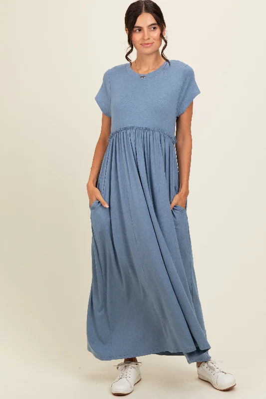 Reduced Prices elegant shift dressBlue Ruffle Trim Maxi Dress