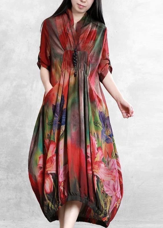 Massive Deals casual midi dressClassy red print dress v neck Cinched long summer Dresses