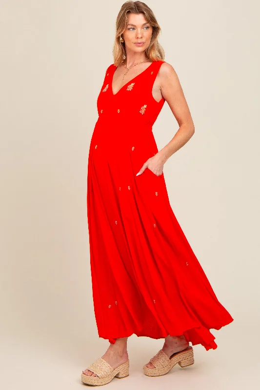Exclusive Online Offer boho-chic dressCoral Floral Embroidered Sleeveless Maternity Maxi Dress