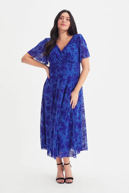 Price Reduction boho dressVictoria Blue Velvet Flock Angel Sleeve Mesh Midi Dress
