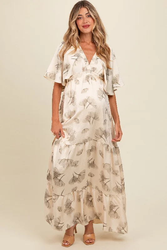 Overstock floral midi dressCream Floral Deep V-Neck Maternity Maxi Dress