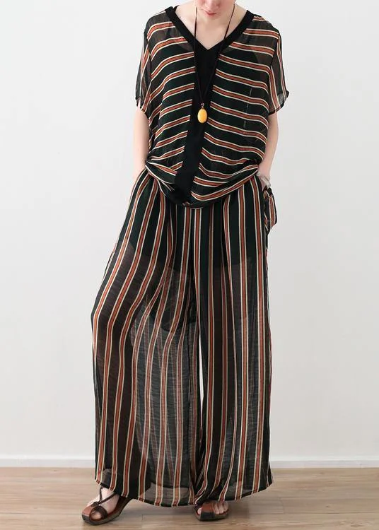 Daily Deals chic shift dress2024 summer loose plus size top yellow shirt striped chiffon top