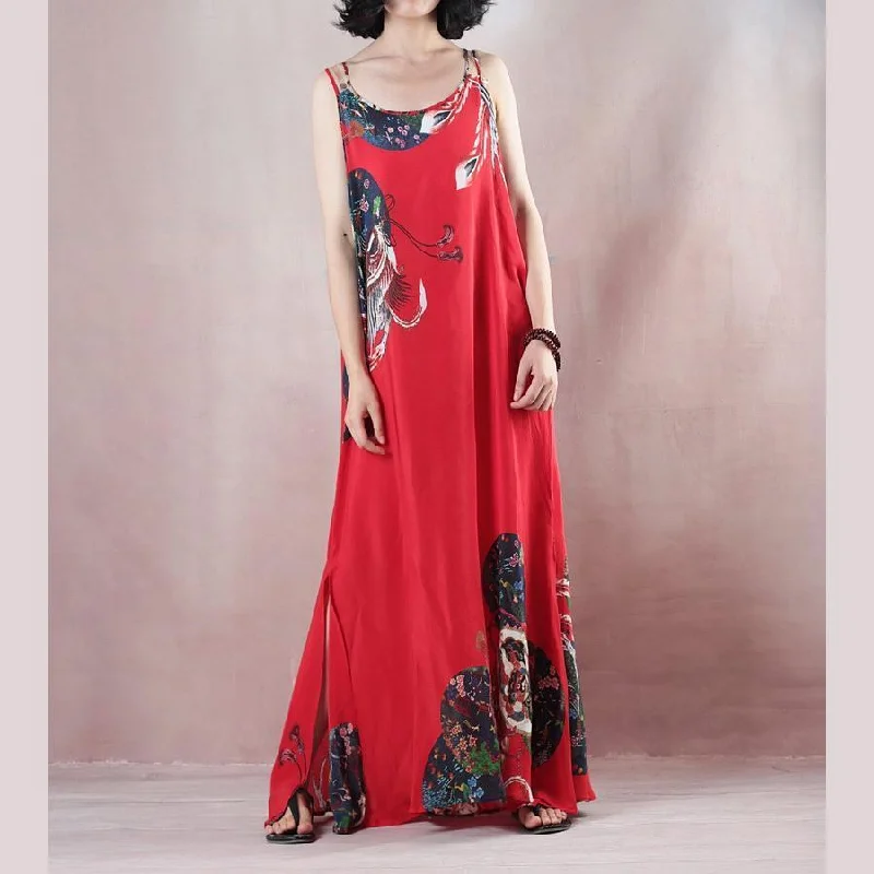 Don't Wait fitted bodycon dressNew red print holiday dress o neck sleeveless gown a silk skirts maxi dress