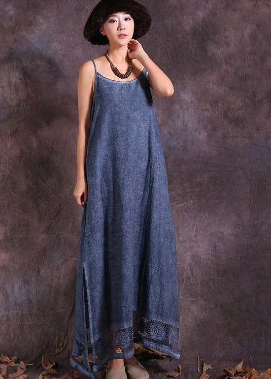Weekend Special floral wrap dressModern hollow out hem linen clothes For Women Fashion Ideas blue side open Dress summer