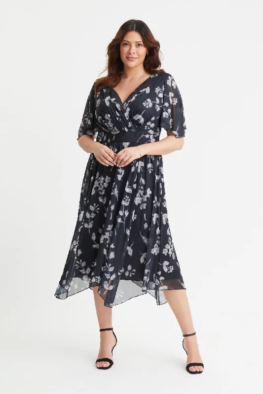 Deep Discounts casual knit dressJulie Black Floral Hanky Hem Dress