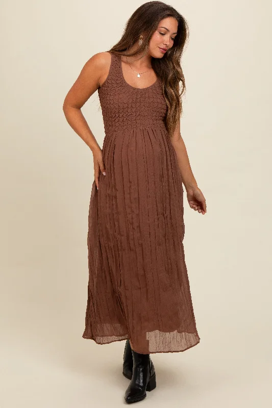 Price Buster comfy maxi dressMocha Textured Smocked Bodice Sleeveless Maternity Maxi Dress