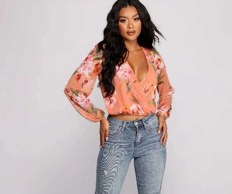 Great Deals Floral Rush Surplice Mesh Top