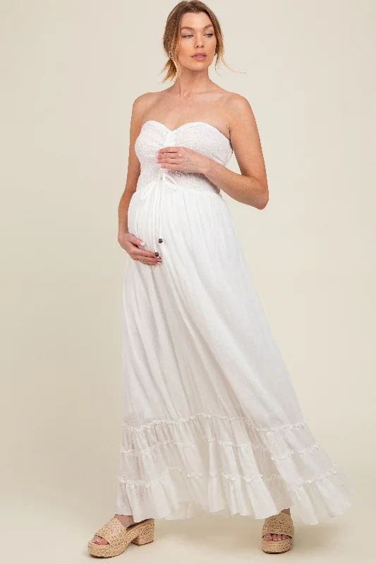 Big Discounts v-neck dressWhite Smocked Cutout Back Maternity Maxi Dress