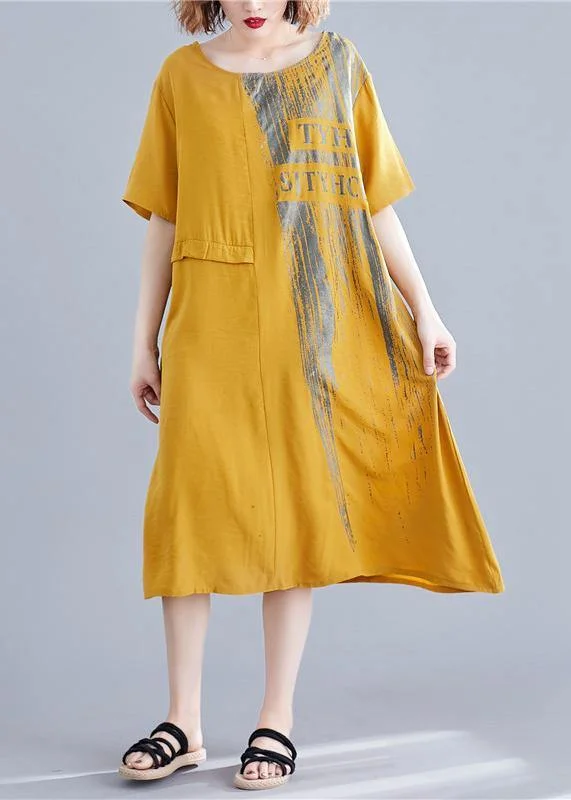 Bargain Prices printed dressLoose yellow print cotton outfit o neck pockets long summer Dresses