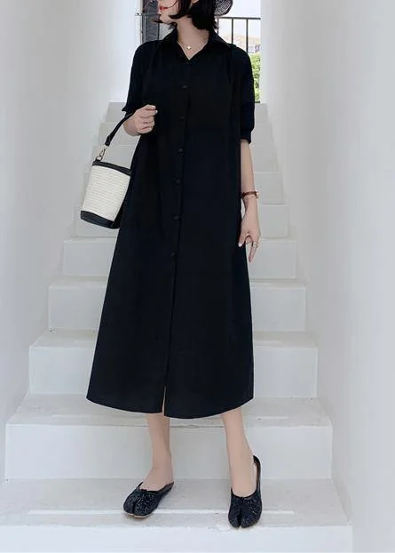 Take Advantage ruffle dressElegant black back open cotton tunics for women lapel collar Art summer Dress
