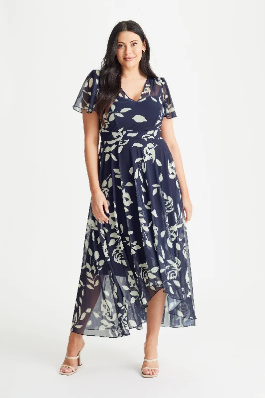 Extra Savings fitted bodycon dressTilly Navy Ivory Print Angel Sleeve Sweetheart Dress